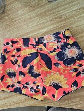 J.Crew Floral Shorts Women Size 0 Orange Navy Blue Yellow Hibiscus Tropical EUC